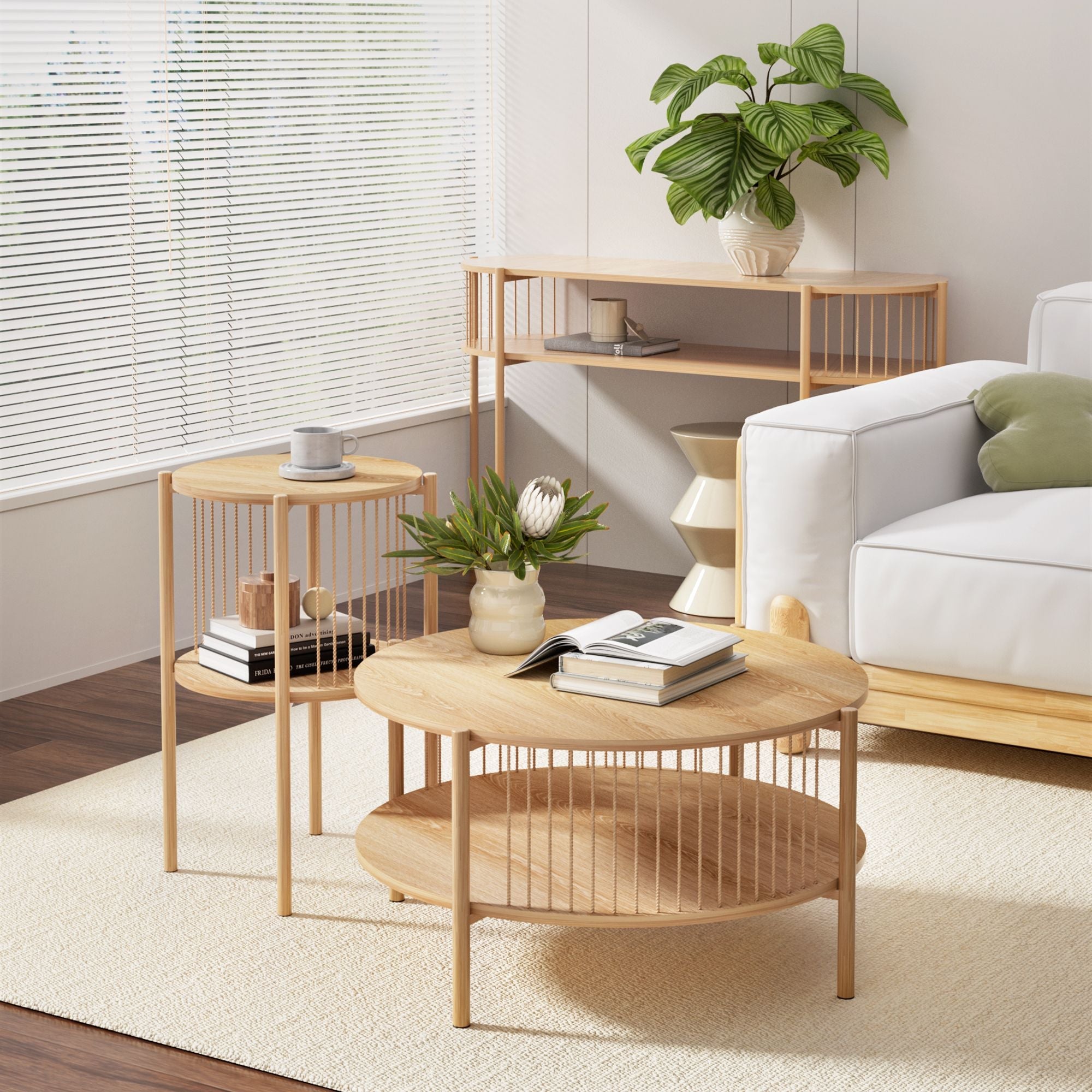 Set of 2 End Tables Coffee Table 2 - Tier Round Wood - Furniture > Living Room > Coffee Tables - Rivercity House & Home Co. (ABN 18 642 972 209) - Affordable Modern Furniture Australia
