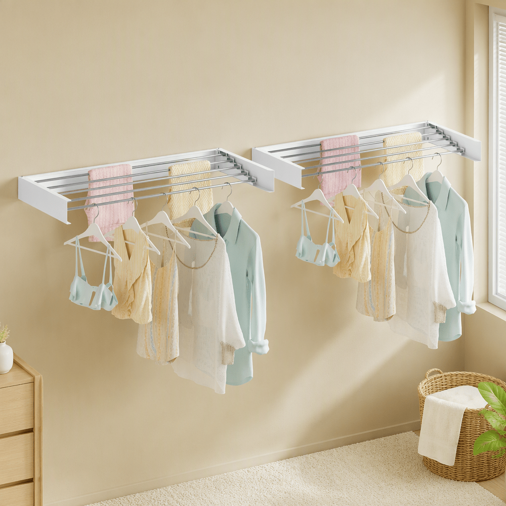 Set of 2 Foldable Wall Mounted Clothes Racks with 5 Rods - White - Furniture > Living Room > Coat Racks - Rivercity House & Home Co. (ABN 18 642 972 209) - Affordable Modern Furniture Australia