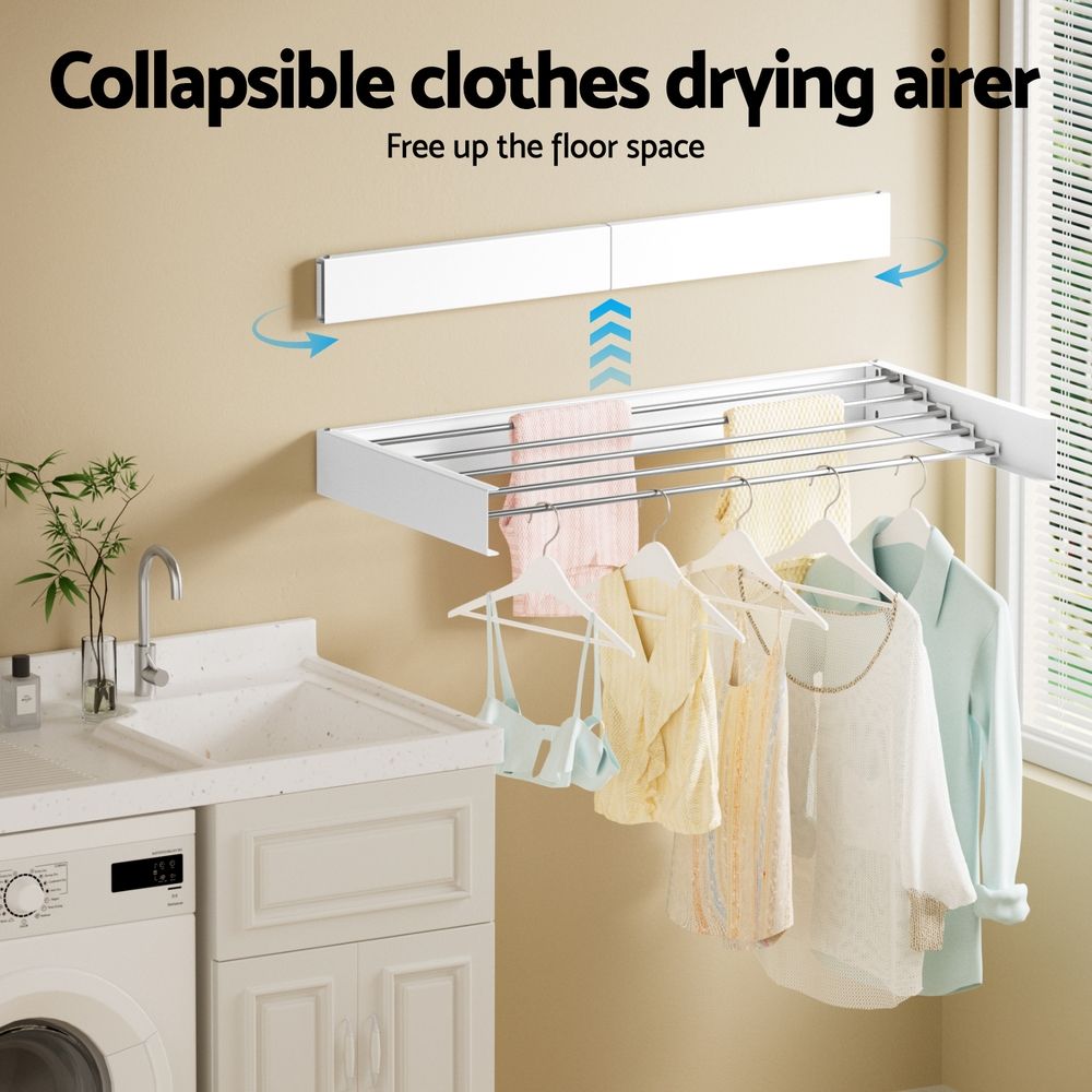 Set of 2 Foldable Wall Mounted Clothes Racks with 5 Rods - White - Furniture > Living Room > Coat Racks - Rivercity House & Home Co. (ABN 18 642 972 209) - Affordable Modern Furniture Australia