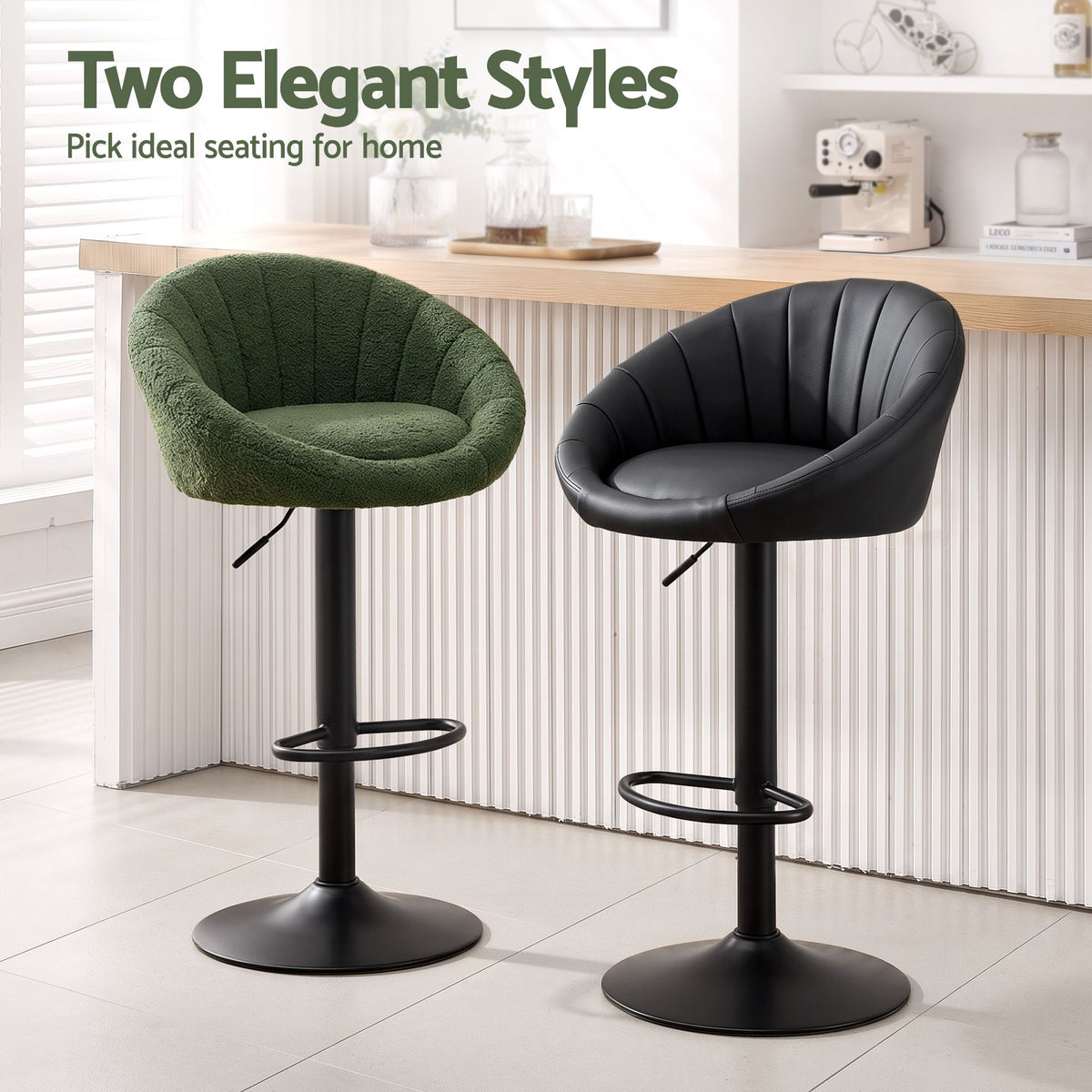 Set of 2 Gas Lift Adjustable Bar Stools with Rounded Shell Backrest PU Leather - Black - Furniture > Bar Stools & Chairs > Table & Bar Stools - Rivercity House & Home Co. (ABN 18 642 972 209) - Affordable Modern Furniture Australia
