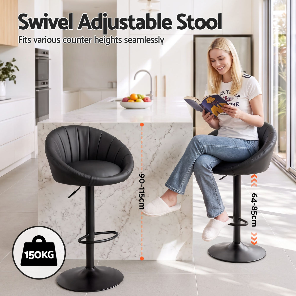 Set of 2 Gas Lift Adjustable Bar Stools with Rounded Shell Backrest PU Leather - Black - Furniture > Bar Stools & Chairs > Table & Bar Stools - Rivercity House & Home Co. (ABN 18 642 972 209) - Affordable Modern Furniture Australia