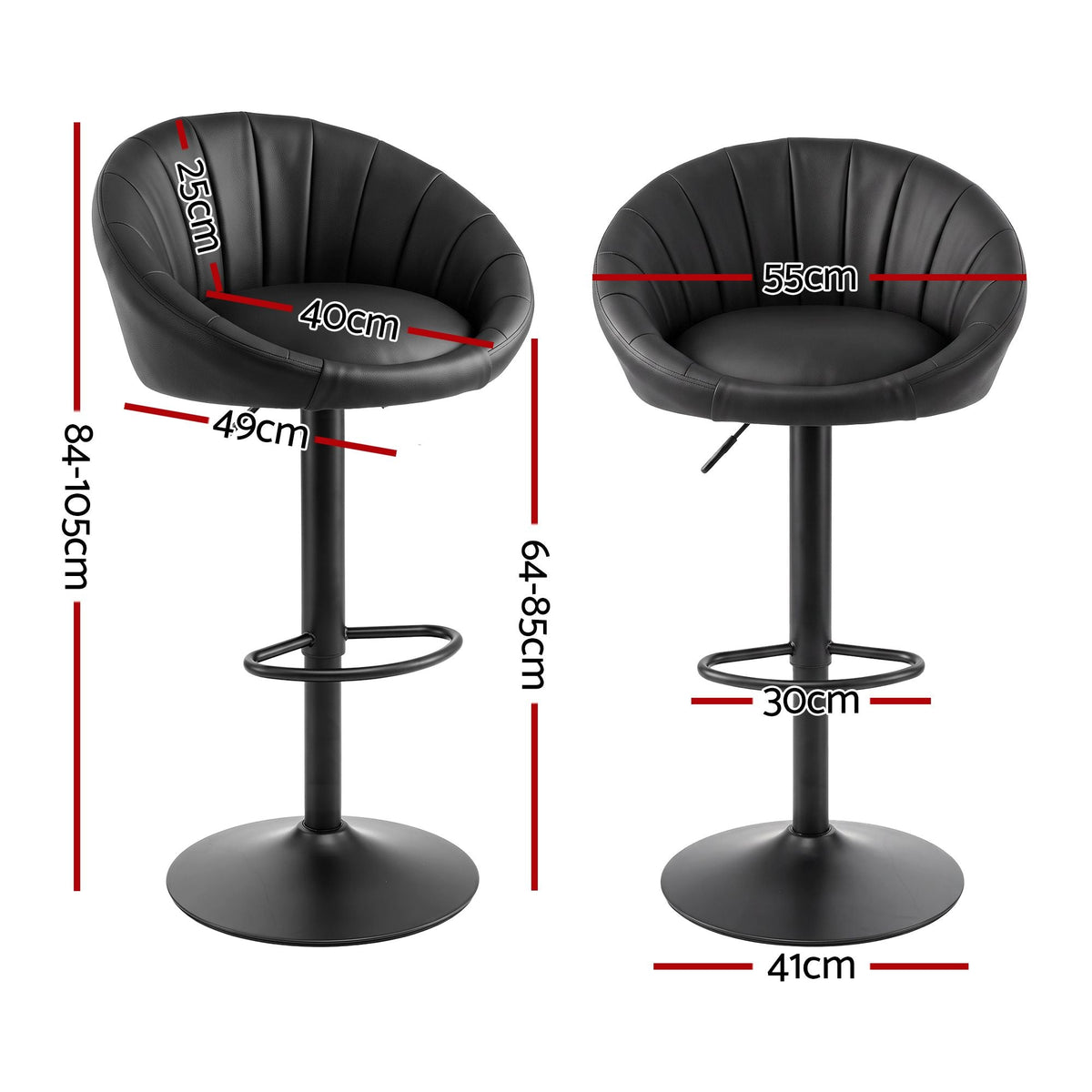Set of 2 Gas Lift Adjustable Bar Stools with Rounded Shell Backrest PU Leather - Black - Furniture > Bar Stools & Chairs > Table & Bar Stools - Rivercity House & Home Co. (ABN 18 642 972 209) - Affordable Modern Furniture Australia