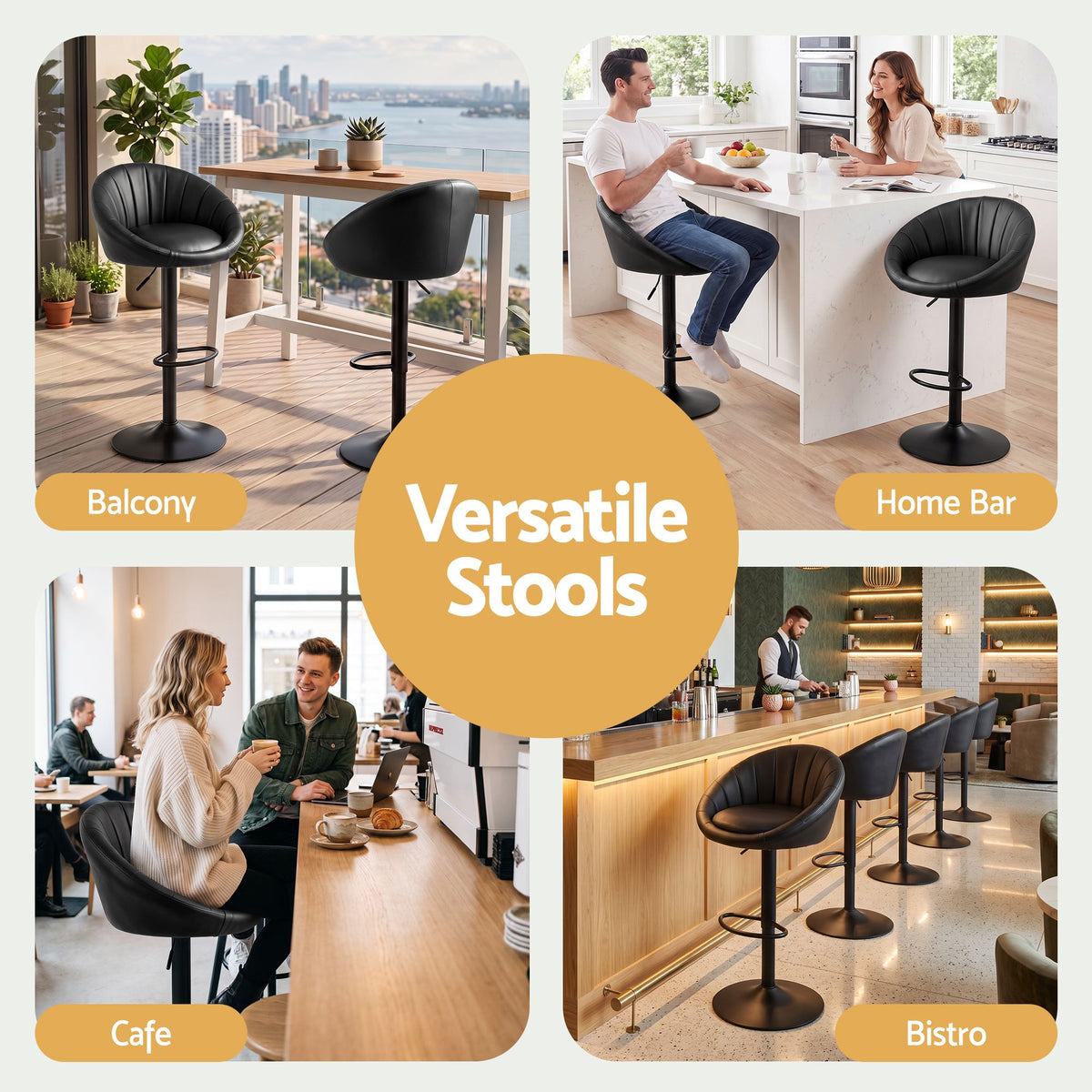 Set of 2 Gas Lift Adjustable Bar Stools with Rounded Shell Backrest PU Leather - Black - Furniture > Bar Stools & Chairs > Table & Bar Stools - Rivercity House & Home Co. (ABN 18 642 972 209) - Affordable Modern Furniture Australia