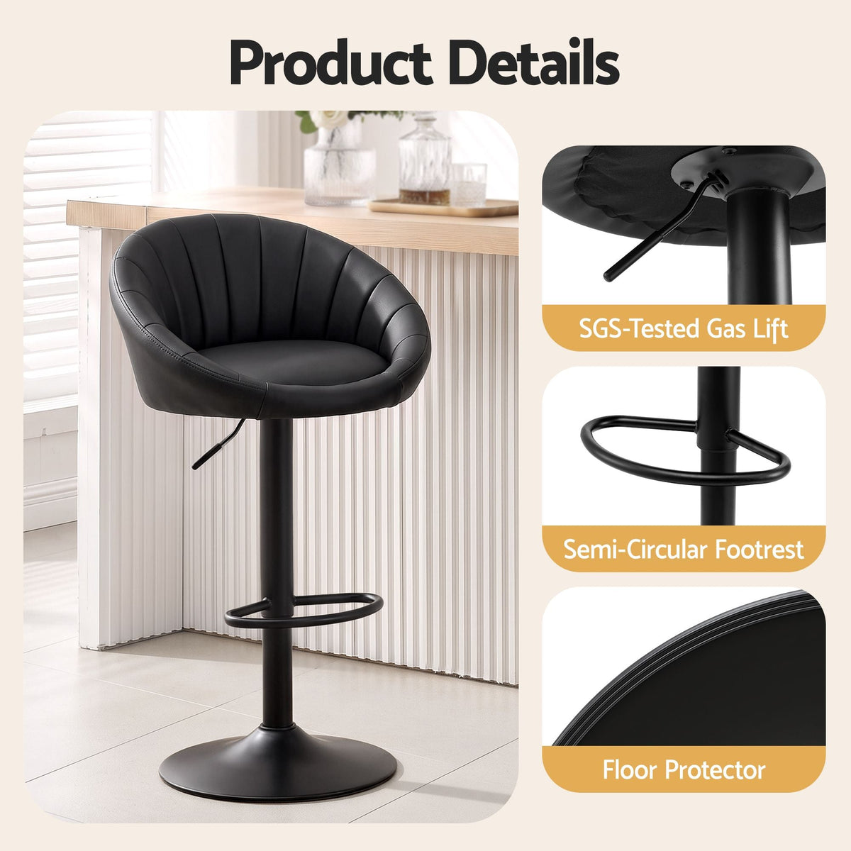 Set of 2 Gas Lift Adjustable Bar Stools with Rounded Shell Backrest PU Leather - Black - Furniture > Bar Stools & Chairs > Table & Bar Stools - Rivercity House & Home Co. (ABN 18 642 972 209) - Affordable Modern Furniture Australia