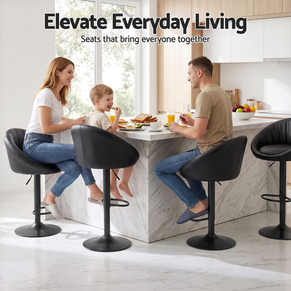 Set of 2 Gas Lift Adjustable Bar Stools with Rounded Shell Backrest PU Leather - Black - Furniture > Bar Stools & Chairs > Table & Bar Stools - Rivercity House & Home Co. (ABN 18 642 972 209) - Affordable Modern Furniture Australia