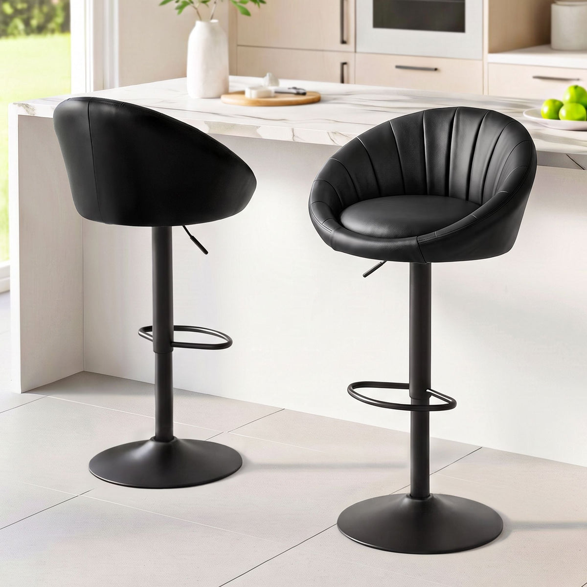 Set of 2 Gas Lift Adjustable Bar Stools with Rounded Shell Backrest PU Leather - Black - Furniture > Bar Stools & Chairs > Table & Bar Stools - Rivercity House & Home Co. (ABN 18 642 972 209) - Affordable Modern Furniture Australia