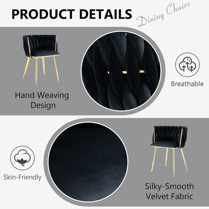 Set of 2 Handwoven Velvet Dining Chairs with Gold Legs and Armrest - Black - Furniture > Dining > Kitchen & Dining Chairs - Rivercity House & Home Co. (ABN 18 642 972 209) - Affordable Modern Furniture Australia
