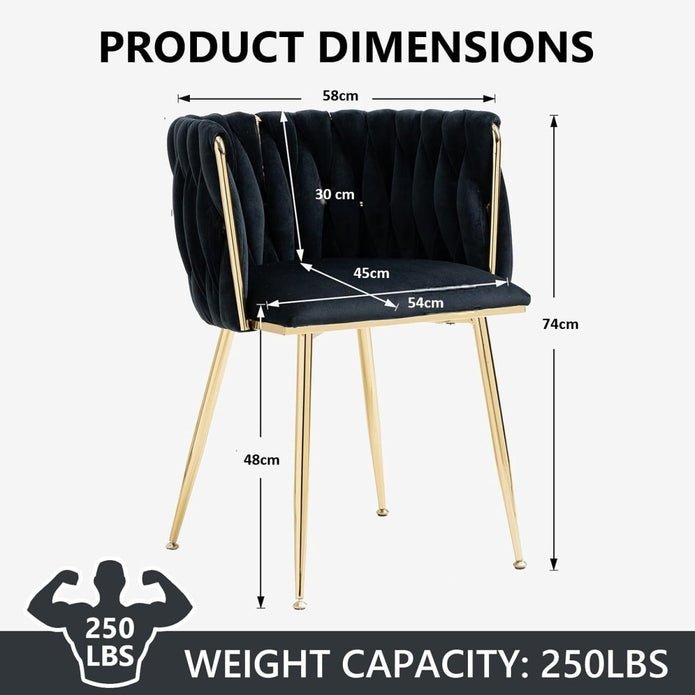 Set of 2 Handwoven Velvet Dining Chairs with Gold Legs and Armrest - Black - Furniture > Dining > Kitchen & Dining Chairs - Rivercity House & Home Co. (ABN 18 642 972 209) - Affordable Modern Furniture Australia