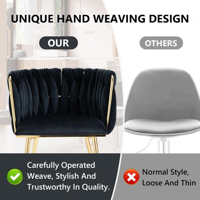 Set of 2 Handwoven Velvet Dining Chairs with Gold Legs and Armrest - Black - Furniture > Dining > Kitchen & Dining Chairs - Rivercity House & Home Co. (ABN 18 642 972 209) - Affordable Modern Furniture Australia
