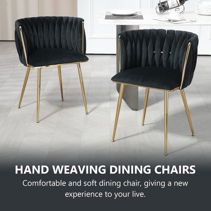 Set of 2 Handwoven Velvet Dining Chairs with Gold Legs and Armrest - Black - Furniture > Dining > Kitchen & Dining Chairs - Rivercity House & Home Co. (ABN 18 642 972 209) - Affordable Modern Furniture Australia