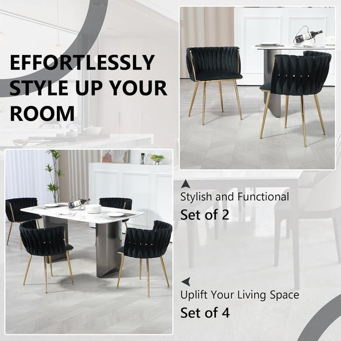 Set of 2 Handwoven Velvet Dining Chairs with Gold Legs and Armrest - Black - Furniture > Dining > Kitchen & Dining Chairs - Rivercity House & Home Co. (ABN 18 642 972 209) - Affordable Modern Furniture Australia