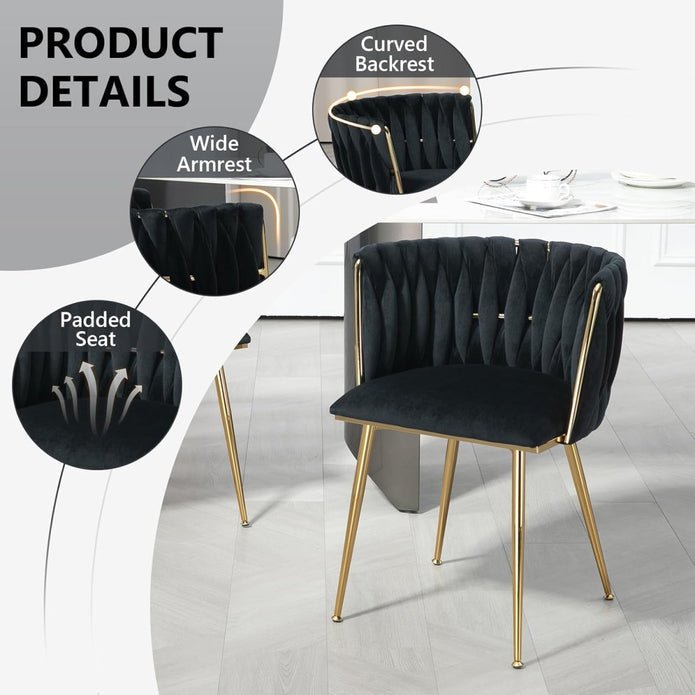 Set of 2 Handwoven Velvet Dining Chairs with Gold Legs and Armrest - Black - Furniture > Dining > Kitchen & Dining Chairs - Rivercity House & Home Co. (ABN 18 642 972 209) - Affordable Modern Furniture Australia