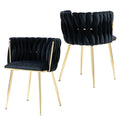 Set of 2 Handwoven Velvet Dining Chairs with Gold Legs and Armrest - Black