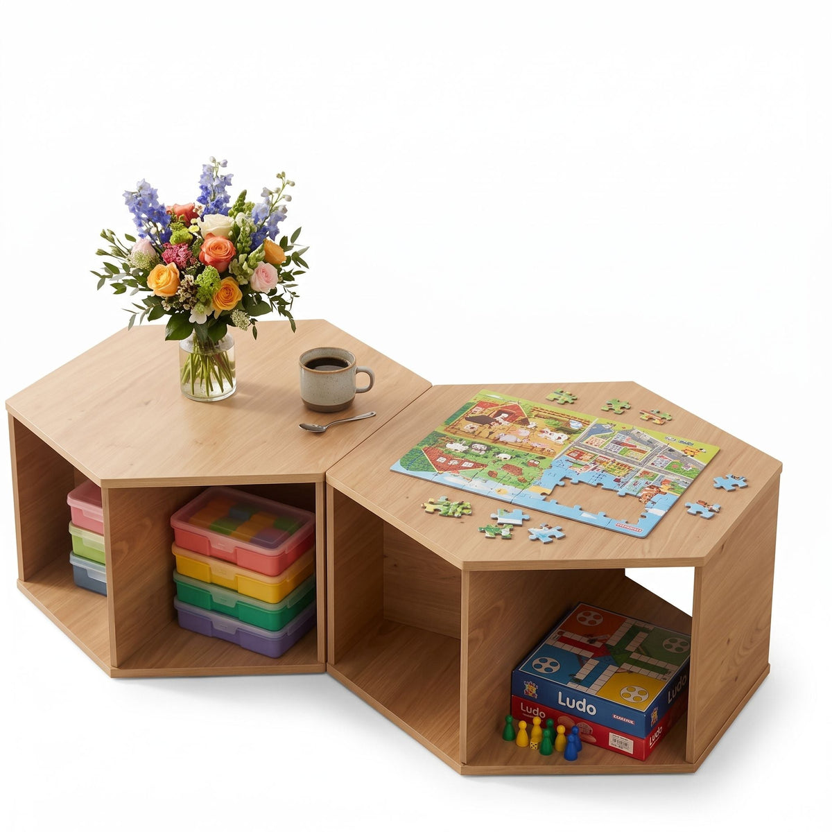 Set of 2 Hexagonal Coffee Tables with 2-Way Display and Open Storage - Wood - Furniture > Living Room > Coffee Tables - Rivercity House & Home Co. (ABN 18 642 972 209) - Affordable Modern Furniture Australia