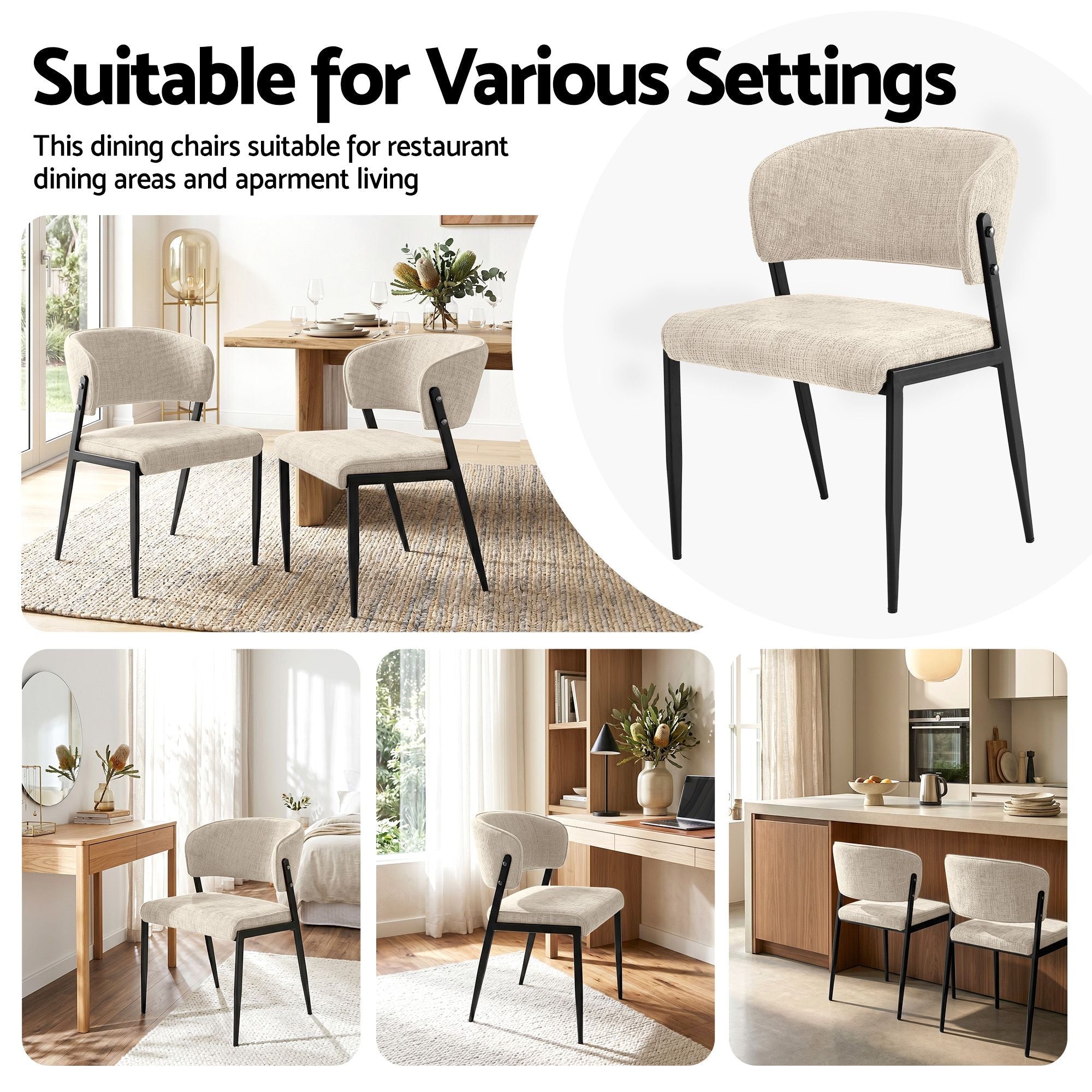 Set of 2 Linen Fabric Upholstered Dining Chairs with Metal Frame - Beige - Furniture > Dining > Kitchen & Dining Chairs - Rivercity House & Home Co. (ABN 18 642 972 209) - Affordable Modern Furniture Australia