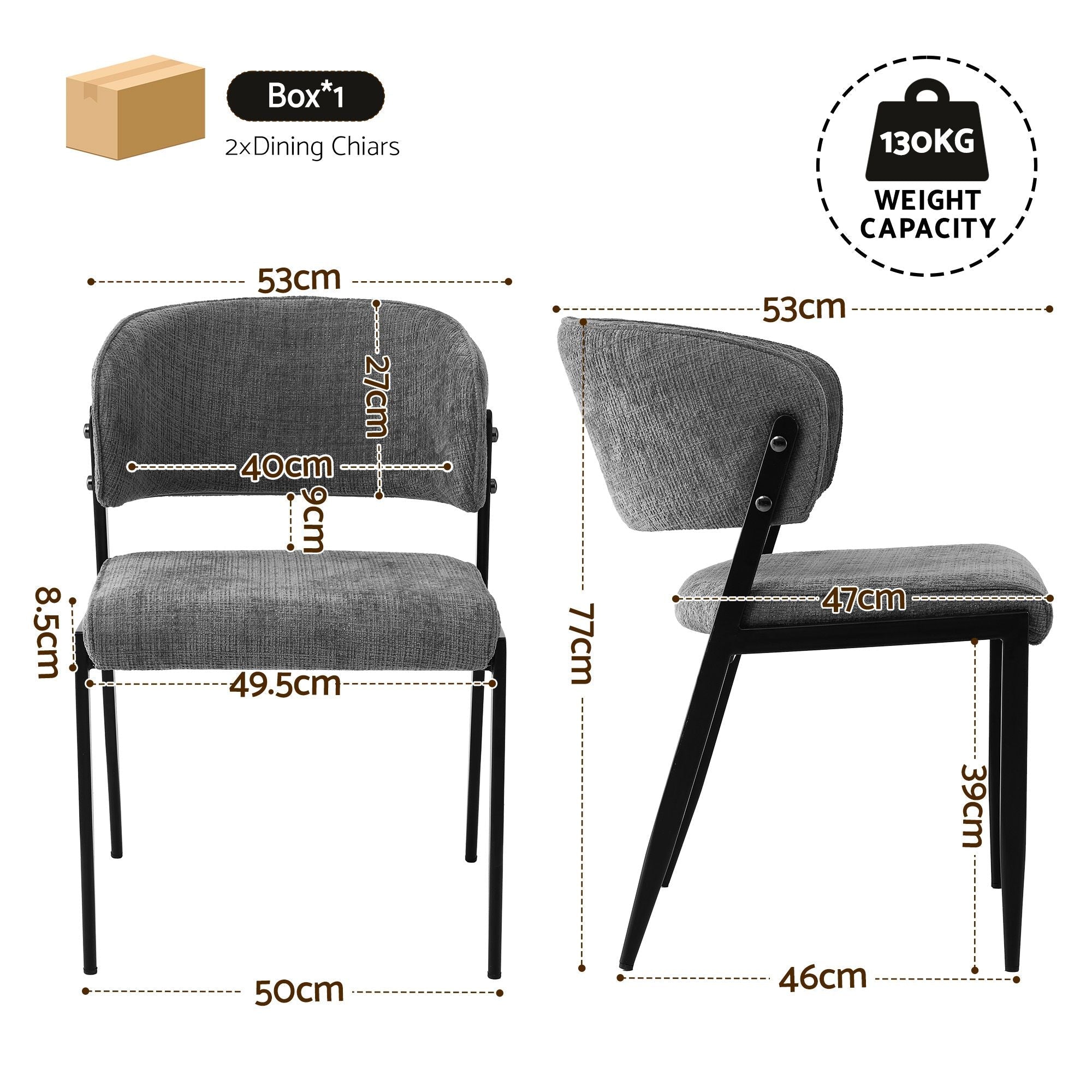 Set of 2 Linen Fabric Upholstered Dining Chairs with Metal Frame - Grey - Furniture > Dining > Kitchen & Dining Chairs - Rivercity House & Home Co. (ABN 18 642 972 209) - Affordable Modern Furniture Australia