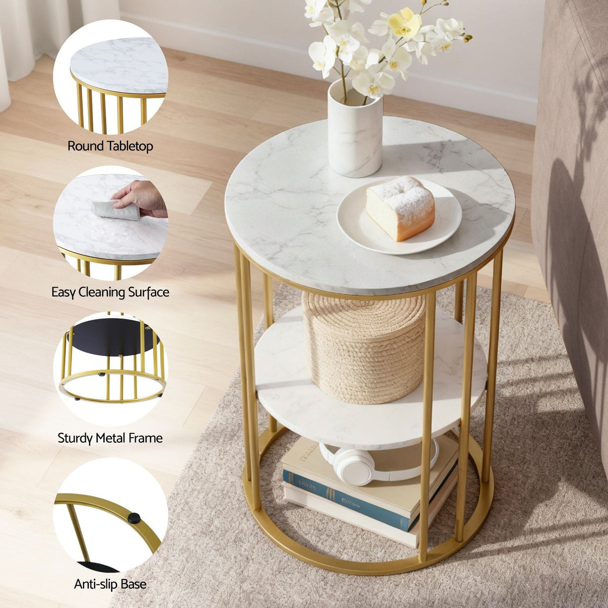 Set of 2 Marble Effect Round 2-Tier Side Tables - White & Gold - Furniture > Living Room > Coffee Tables - Rivercity House & Home Co. (ABN 18 642 972 209) - Affordable Modern Furniture Australia