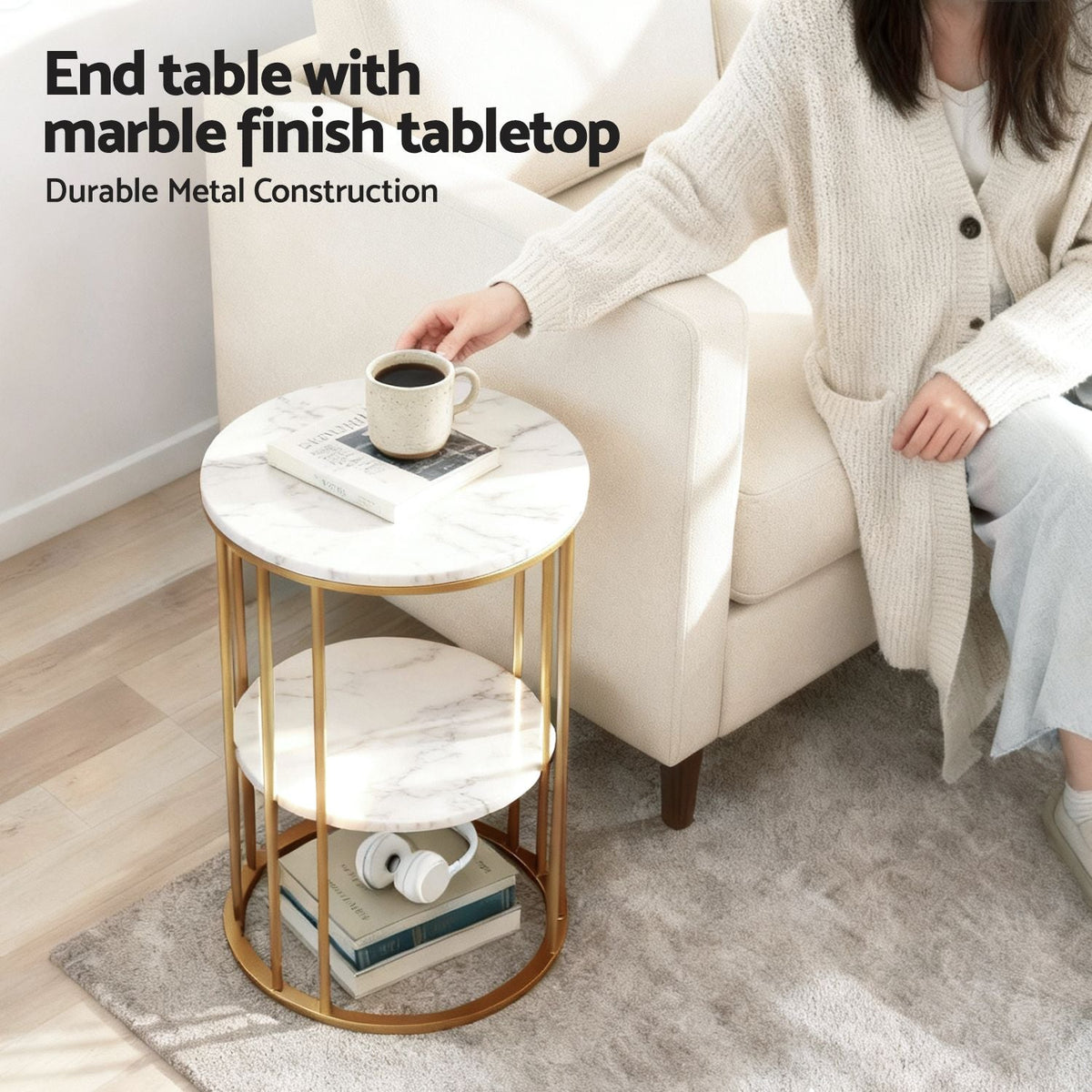 Set of 2 Marble Effect Round 2-Tier Side Tables - White & Gold - Furniture > Living Room > Coffee Tables - Rivercity House & Home Co. (ABN 18 642 972 209) - Affordable Modern Furniture Australia