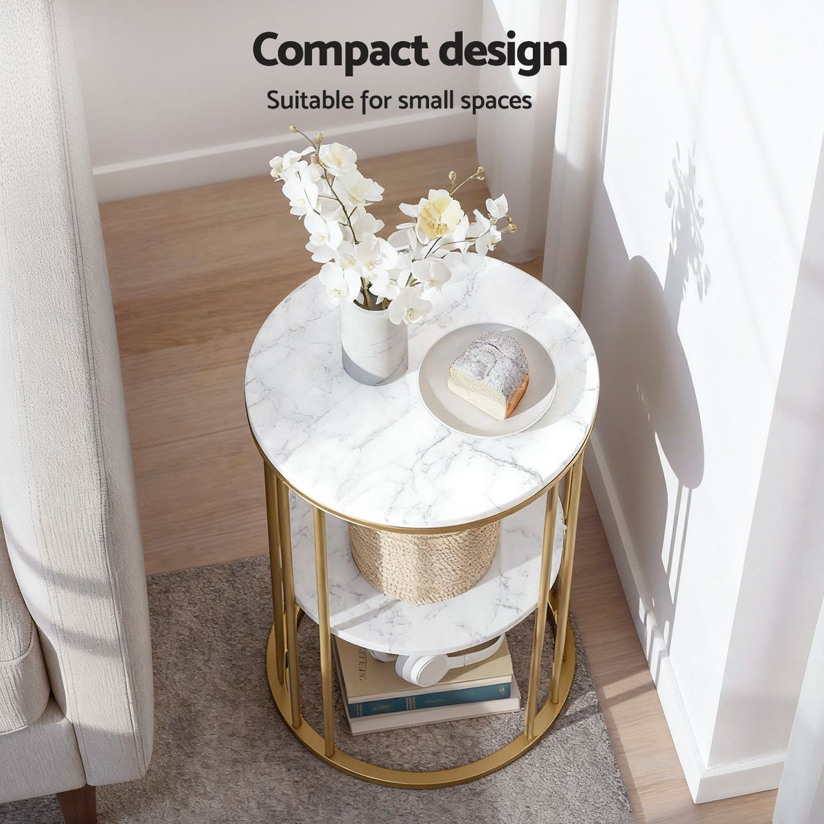 Set of 2 Marble Effect Round 2-Tier Side Tables - White & Gold - Furniture > Living Room > Coffee Tables - Rivercity House & Home Co. (ABN 18 642 972 209) - Affordable Modern Furniture Australia
