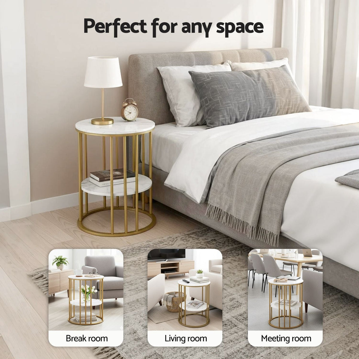 Set of 2 Marble Effect Round 2-Tier Side Tables - White & Gold - Furniture > Living Room > Coffee Tables - Rivercity House & Home Co. (ABN 18 642 972 209) - Affordable Modern Furniture Australia