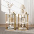 Set of 2 Round 2-Tier Marble Effect Side Tables - White & Gold