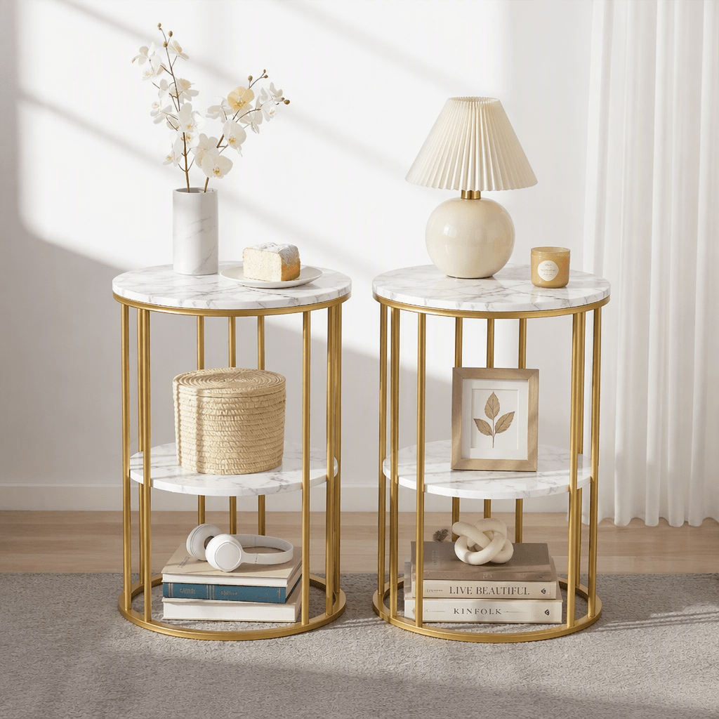 Set of 2 Marble Effect Round 2-Tier Side Tables - White & Gold - Furniture > Living Room > Coffee Tables - Rivercity House & Home Co. (ABN 18 642 972 209) - Affordable Modern Furniture Australia