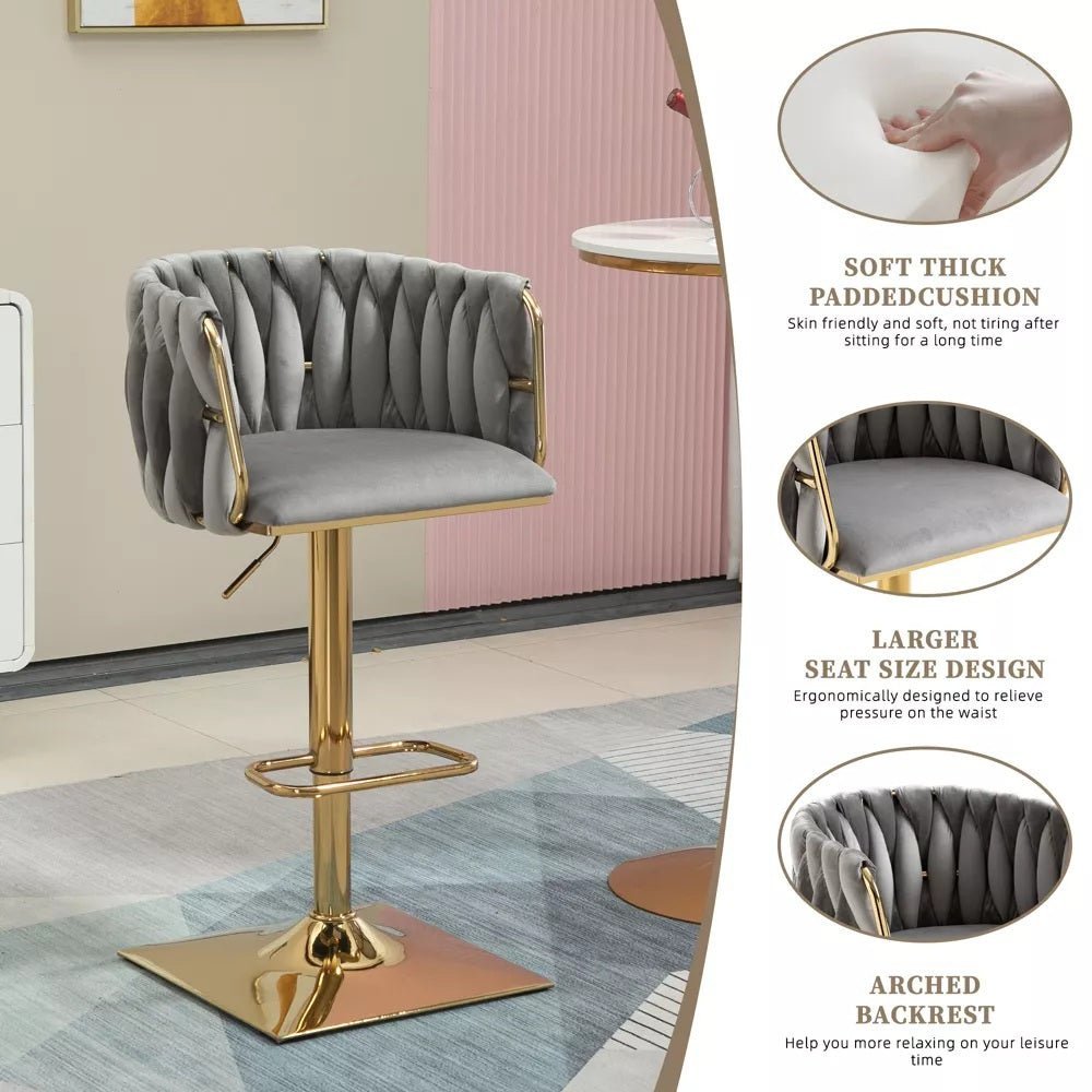 Set of 2 Marlowe Velvet Bar Stools - Grey with Gold Base - Furniture > Bar Stools & Chairs > Table & Bar Stools - Rivercity House & Home Co. (ABN 18 642 972 209) - Affordable Modern Furniture Australia