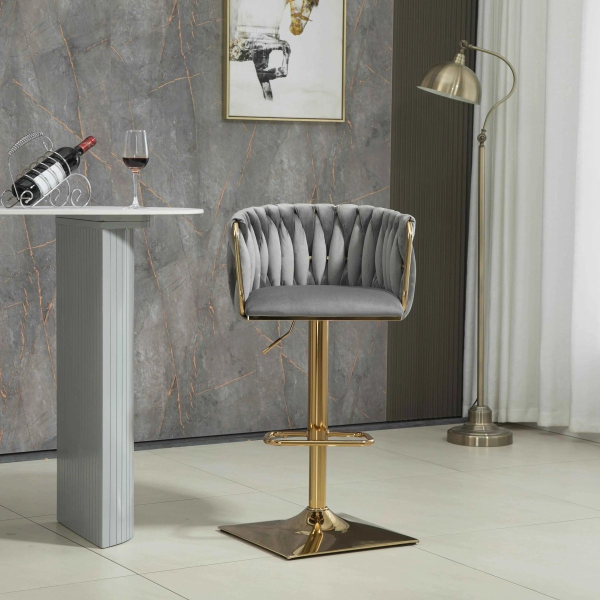 Set of 2 Marlowe Velvet Bar Stools - Grey with Gold Base - Furniture > Bar Stools & Chairs > Table & Bar Stools - Rivercity House & Home Co. (ABN 18 642 972 209) - Affordable Modern Furniture Australia