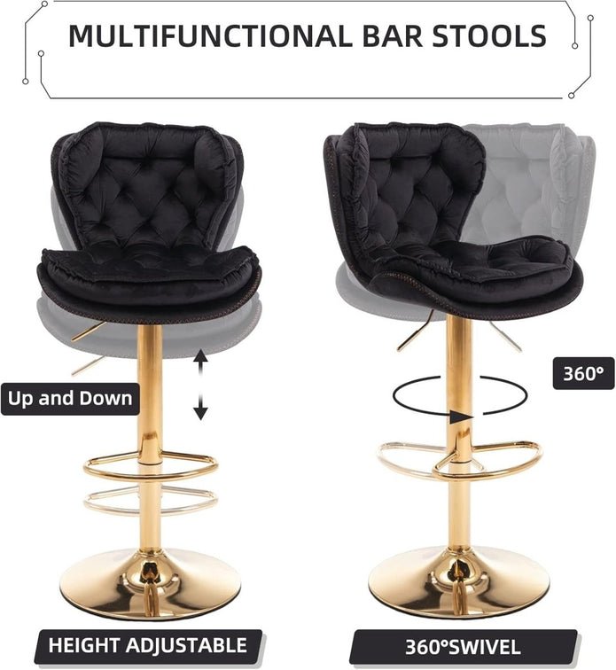 Set of 2 Mid Century Modern Adjustable Swivel Bar Stools with Velvet Upholstery and Back - Black - Furniture > Bar Stools & Chairs > Table & Bar Stools - Rivercity House & Home Co. (ABN 18 642 972 209) - Affordable Modern Furniture Australia