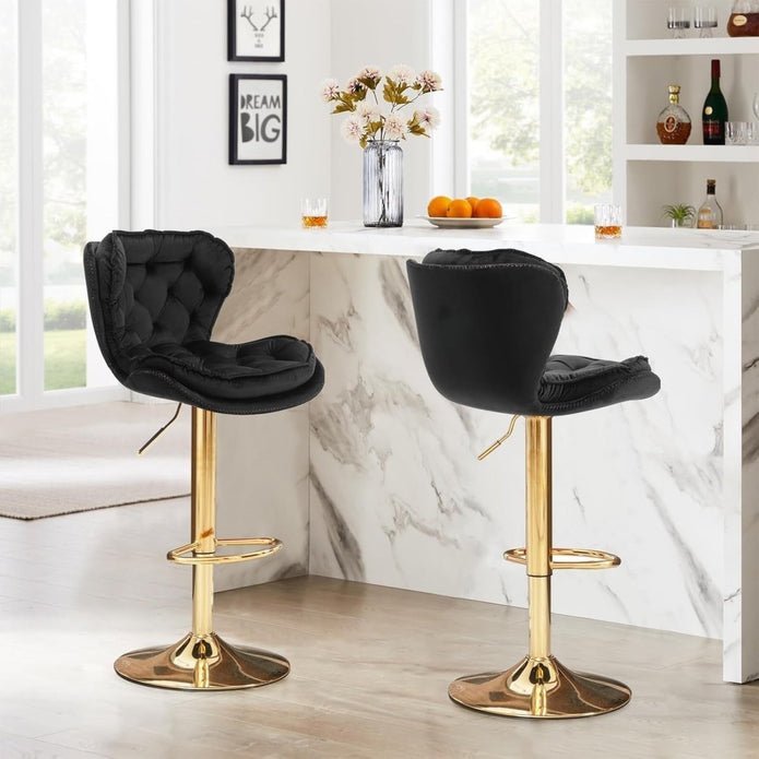 Set of 2 Mid Century Modern Adjustable Swivel Bar Stools with Velvet Upholstery and Back - Black - Furniture > Bar Stools & Chairs > Table & Bar Stools - Rivercity House & Home Co. (ABN 18 642 972 209) - Affordable Modern Furniture Australia