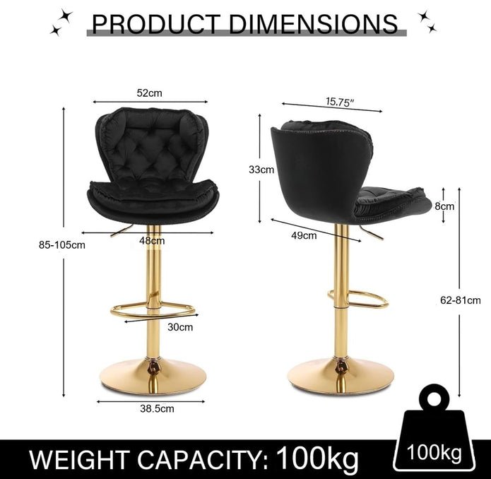Set of 2 Mid Century Modern Adjustable Swivel Bar Stools with Velvet Upholstery and Back - Black - Furniture > Bar Stools & Chairs > Table & Bar Stools - Rivercity House & Home Co. (ABN 18 642 972 209) - Affordable Modern Furniture Australia