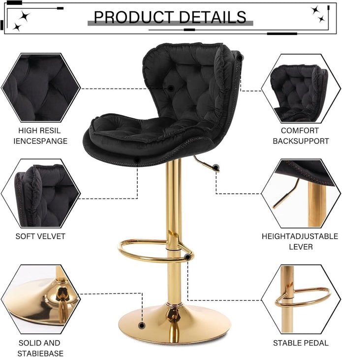 Set of 2 Mid Century Modern Adjustable Swivel Bar Stools with Velvet Upholstery and Back - Black - Furniture > Bar Stools & Chairs > Table & Bar Stools - Rivercity House & Home Co. (ABN 18 642 972 209) - Affordable Modern Furniture Australia