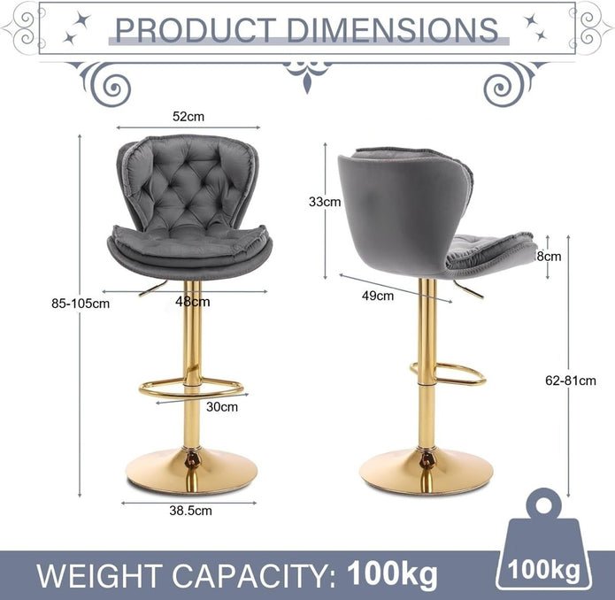 Set of 2 Mid Century Modern Adjustable Swivel Bar Stools with Velvet Upholstery and Back - Grey - Furniture > Bar Stools & Chairs > Table & Bar Stools - Rivercity House & Home Co. (ABN 18 642 972 209) - Affordable Modern Furniture Australia