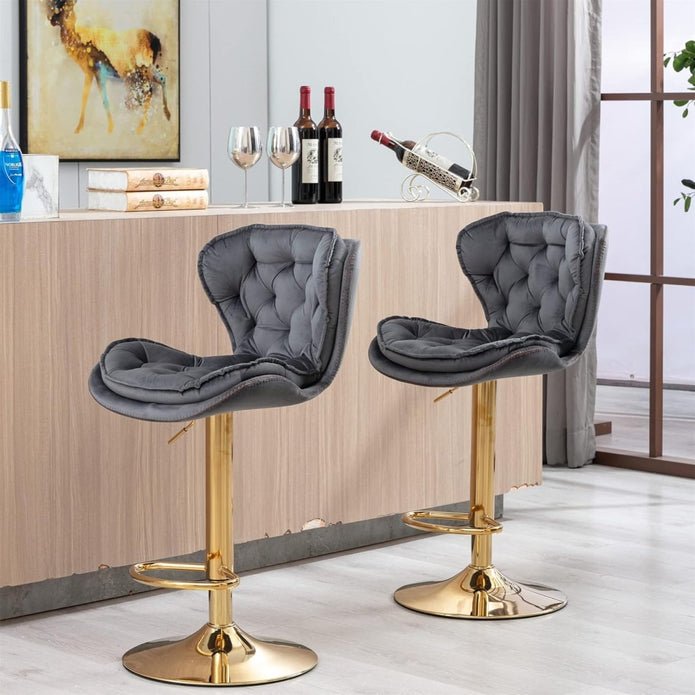 Set of 2 Mid Century Modern Adjustable Swivel Bar Stools with Velvet Upholstery and Back - Grey - Furniture > Bar Stools & Chairs > Table & Bar Stools - Rivercity House & Home Co. (ABN 18 642 972 209) - Affordable Modern Furniture Australia