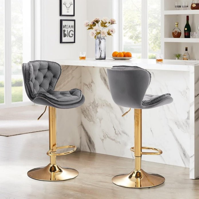 Set of 2 Mid Century Modern Adjustable Swivel Bar Stools with Velvet Upholstery and Back - Grey - Furniture > Bar Stools & Chairs > Table & Bar Stools - Rivercity House & Home Co. (ABN 18 642 972 209) - Affordable Modern Furniture Australia