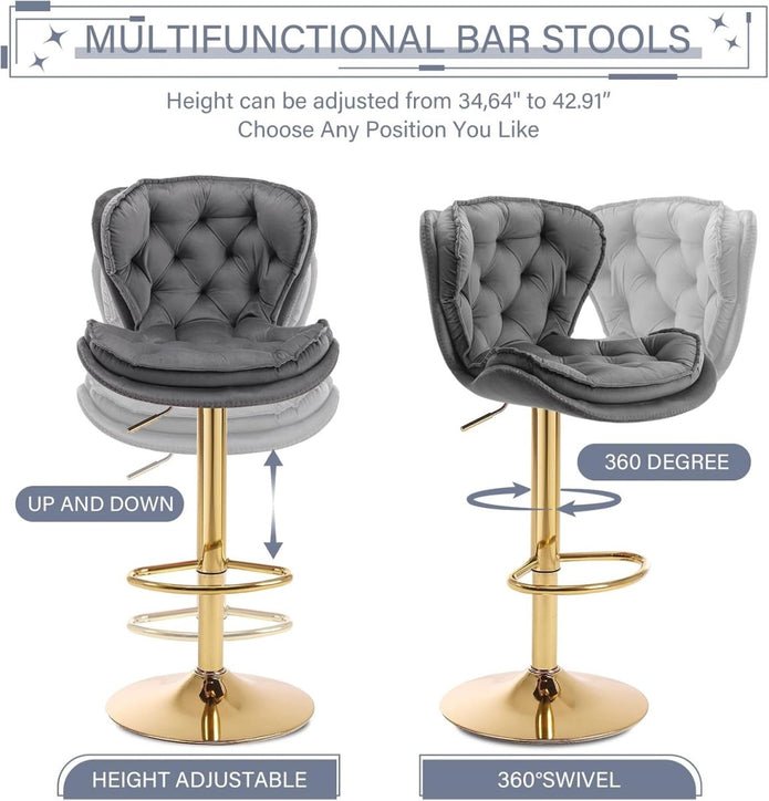 Set of 2 Mid Century Modern Adjustable Swivel Bar Stools with Velvet Upholstery and Back - Grey - Furniture > Bar Stools & Chairs > Table & Bar Stools - Rivercity House & Home Co. (ABN 18 642 972 209) - Affordable Modern Furniture Australia