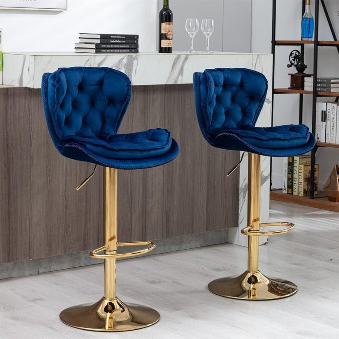 Set of 2 Mid Century Modern Adjustable Swivel Bar Stools with Velvet Upholstery and Back - Navy Blue - Furniture > Bar Stools & Chairs > Table & Bar Stools - Rivercity House & Home Co. (ABN 18 642 972 209) - Affordable Modern Furniture Australia