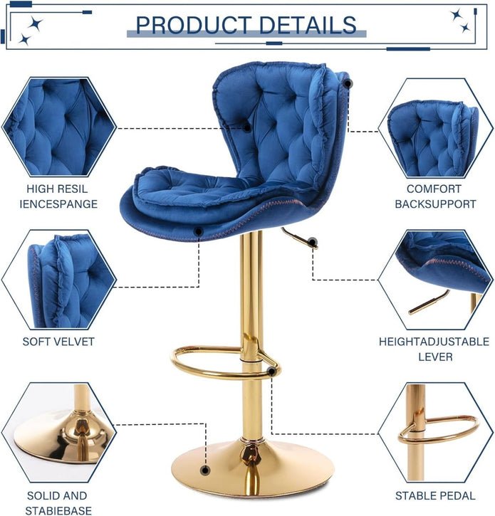 Set of 2 Mid Century Modern Adjustable Swivel Bar Stools with Velvet Upholstery and Back - Navy Blue - Furniture > Bar Stools & Chairs > Table & Bar Stools - Rivercity House & Home Co. (ABN 18 642 972 209) - Affordable Modern Furniture Australia