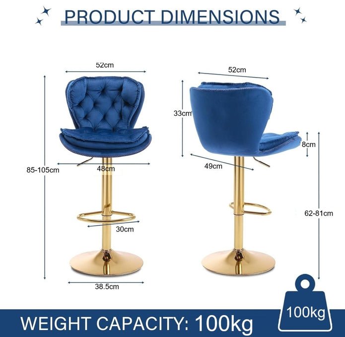Set of 2 Mid Century Modern Adjustable Swivel Bar Stools with Velvet Upholstery and Back - Navy Blue - Furniture > Bar Stools & Chairs > Table & Bar Stools - Rivercity House & Home Co. (ABN 18 642 972 209) - Affordable Modern Furniture Australia