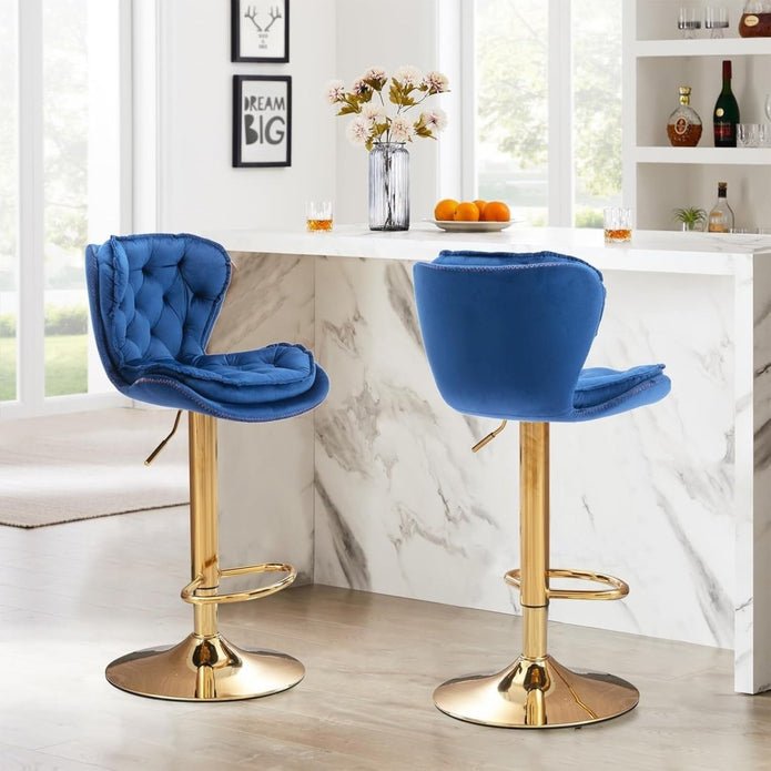 Set of 2 Mid Century Modern Adjustable Swivel Bar Stools with Velvet Upholstery and Back - Navy Blue - Furniture > Bar Stools & Chairs > Table & Bar Stools - Rivercity House & Home Co. (ABN 18 642 972 209) - Affordable Modern Furniture Australia