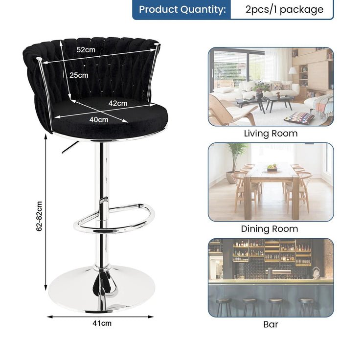 Set of 2 Modern Adjustable Height Velvet Swivel Counter Stools with Silver Metal Frame - Black - Furniture > Bar Stools & Chairs > Table & Bar Stools - Rivercity House & Home Co. (ABN 18 642 972 209) - Affordable Modern Furniture Australia