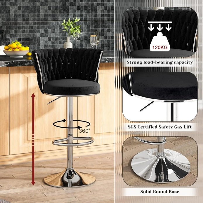 Set of 2 Modern Adjustable Height Velvet Swivel Counter Stools with Silver Metal Frame - Black - Furniture > Bar Stools & Chairs > Table & Bar Stools - Rivercity House & Home Co. (ABN 18 642 972 209) - Affordable Modern Furniture Australia