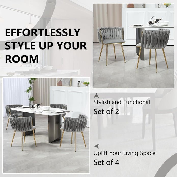 Set of 2 Modern Handwoven Velvet Dining Chairs with Armrest and Gold Legs - Grey - Furniture > Dining > Kitchen & Dining Chairs - Rivercity House & Home Co. (ABN 18 642 972 209) - Affordable Modern Furniture Australia