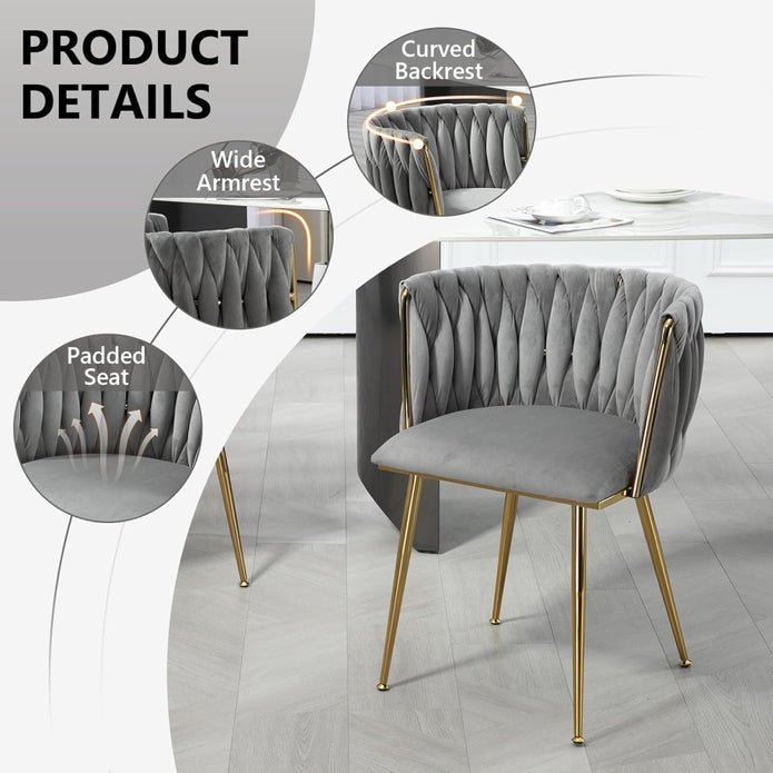 Set of 2 Modern Handwoven Velvet Dining Chairs with Armrest and Gold Legs - Grey - Furniture > Dining > Kitchen & Dining Chairs - Rivercity House & Home Co. (ABN 18 642 972 209) - Affordable Modern Furniture Australia