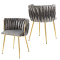 Set of 2 Modern Handwoven Velvet Dining Chairs with Armrest and Gold Legs - Grey