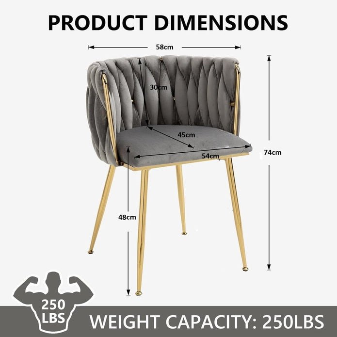 Set of 2 Modern Handwoven Velvet Dining Chairs with Armrest and Gold Legs - Grey - Furniture > Dining > Kitchen & Dining Chairs - Rivercity House & Home Co. (ABN 18 642 972 209) - Affordable Modern Furniture Australia