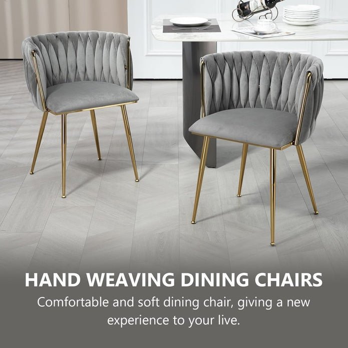 Set of 2 Modern Handwoven Velvet Dining Chairs with Armrest and Gold Legs - Grey - Furniture > Dining > Kitchen & Dining Chairs - Rivercity House & Home Co. (ABN 18 642 972 209) - Affordable Modern Furniture Australia