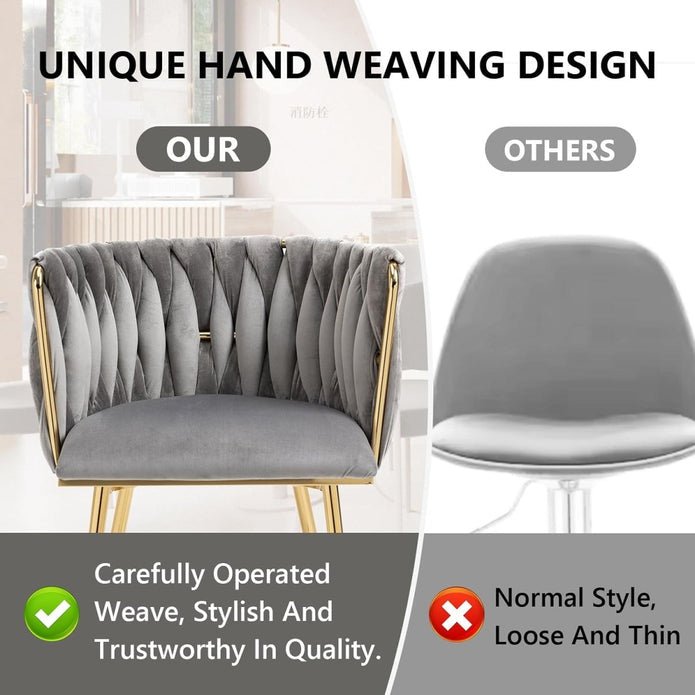 Set of 2 Modern Handwoven Velvet Dining Chairs with Armrest and Gold Legs - Grey - Furniture > Dining > Kitchen & Dining Chairs - Rivercity House & Home Co. (ABN 18 642 972 209) - Affordable Modern Furniture Australia
