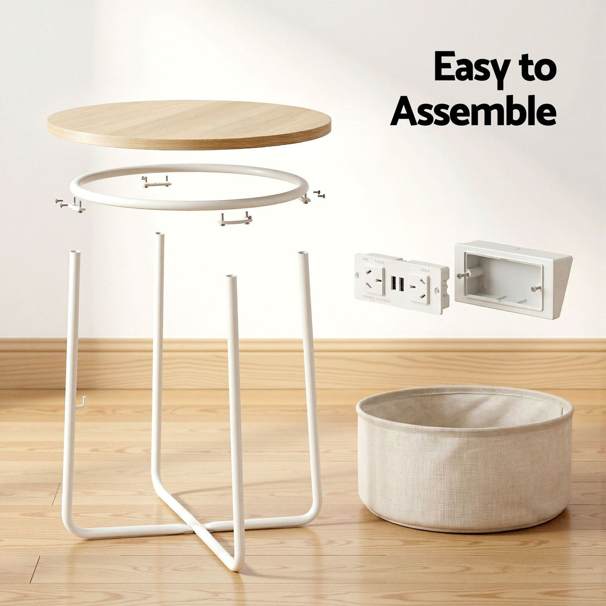 Set of 2 Round Coffee and Bedside Side Tables with Charging Station and Storage Basket - Wood & White - Furniture > Living Room > Coffee Tables - Rivercity House & Home Co. (ABN 18 642 972 209) - Affordable Modern Furniture Australia