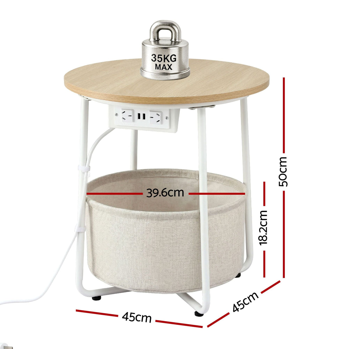 Set of 2 Round Coffee and Bedside Side Tables with Charging Station and Storage Basket - Wood & White - Furniture > Living Room > Coffee Tables - Rivercity House & Home Co. (ABN 18 642 972 209) - Affordable Modern Furniture Australia